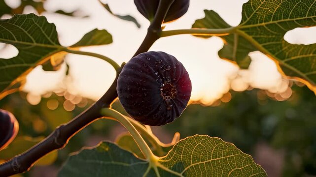 A ripe fig hangs from a branch, surrounded by vibrant green leaves. The fig's dark skin reflects the warm glow of the sunset in the background.