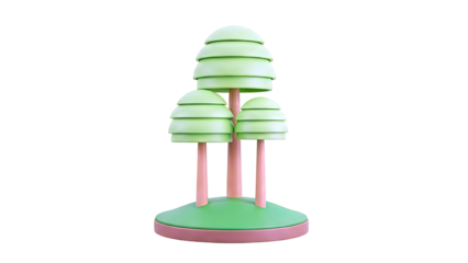 Stylized 3D rendering of three green trees on a mound