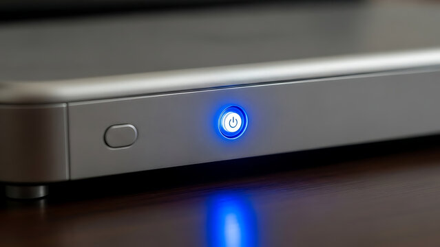 Close-up of a sleek external hard drive with a glowing blue power button on a dark wooden surface