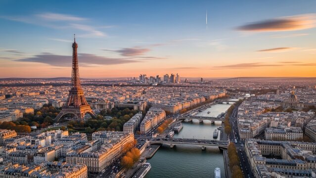 Magnificent panoramic view of Paris city skyline with the Eiffel Tower at sunset