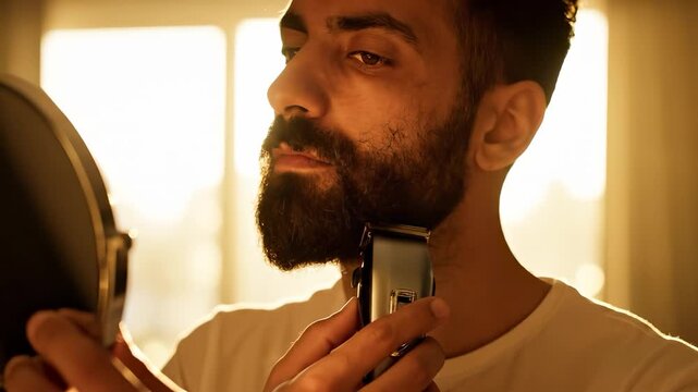 A man is using a trimmer while looking in a mirror. The warm sunlight highlights the man's focused expression as he trims his beard in the softly lit room.
