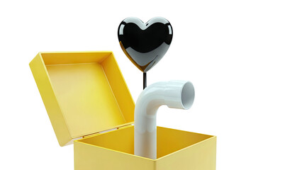 Yellow box with black heart balloon and white pipe