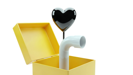 Yellow box with black heart balloon and white pipe