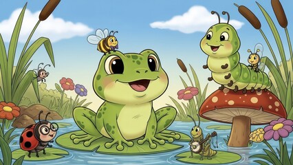 Charming Cartoon Scene of Pond Life featuring a Friendly Frog and Insect Companions