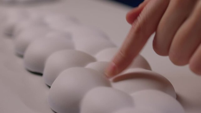 Keyboard setup showcase, Ergonomic mechanical keyboard display, Closeup of tactile switches on custom keyboard, Designer testing pastel keycaps with ergonomic wrist cushion setup