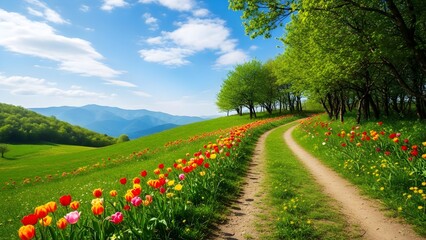 Springtime meadow scene in Zollikon, Zurich featuring vibrant greenery and wildflowers,Earth Day,  ideal for environmental education or outdoor activities, wallpaper 