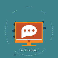 social media communication concept with computer monitor speech bubble and teal digital theme
