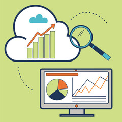 cloud computing data analysis with charts magnifying glass and monitor in digital concept