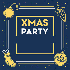 xmas party graphic with festive icons and dark blue theme