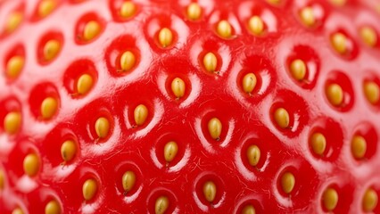 Close-up macro shot of a ripe, red strawberry revealing its textured surface and numerous small yellow seeds in sharp focus