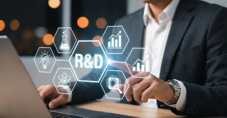 Research and development center, Corporate innovation R&D tech, Business technology analytics, Professional data scientist man