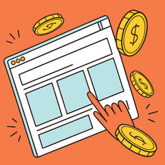 hand clicking on webpage with dollar coins and online shopping concept in orange scene