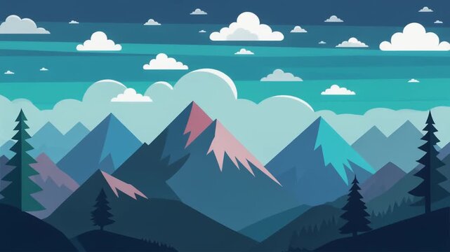 Stylized flat design illustration of a serene mountain landscape with layered peaks, pine trees, and a cloudy blue sky.