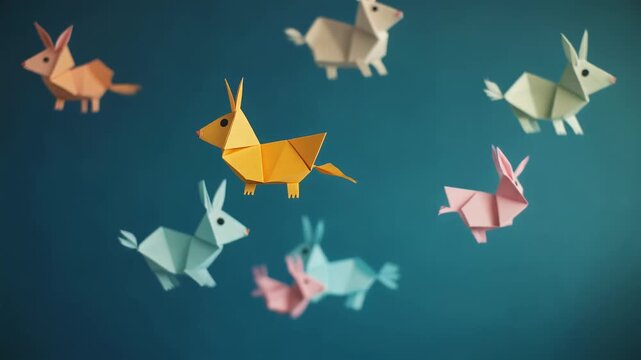Colorful origami rabbits and dogs floating in the air against a blue background.