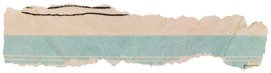 Tear stripe of faded vintage magazine page with blue print, isolated paper element for collage