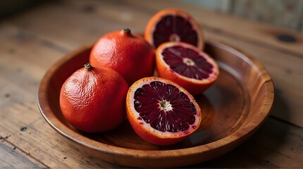 Moro blood oranges on a round wooden plate