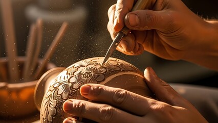Close-up shot of an artisan skillfully carving intricate floral patterns onto a clay pot, showcasing traditional craftsmanship