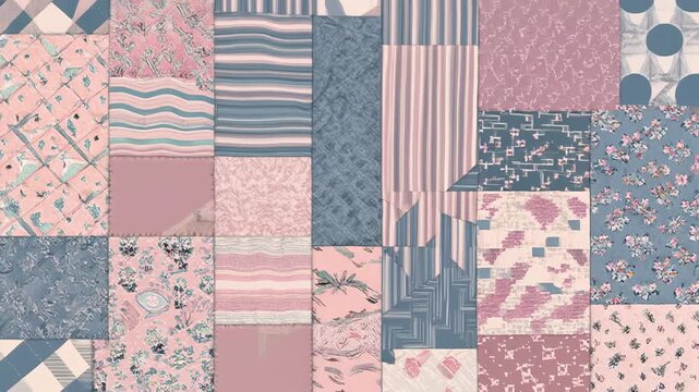 Collection of assorted pink and blue fabric patterns and textures.