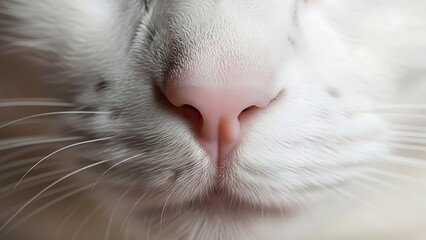 Extreme close-up macro photograph of a white cat's soft nose and whiskers, capturing the delicate textures and gentle features of a domestic feline's face