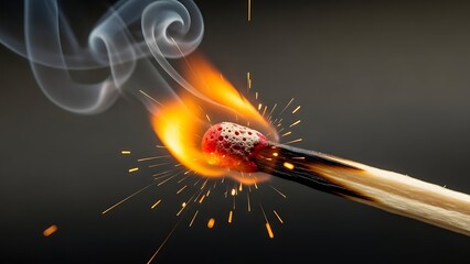 Close-up of a burning matchstick with sparks and smoke against a dark background