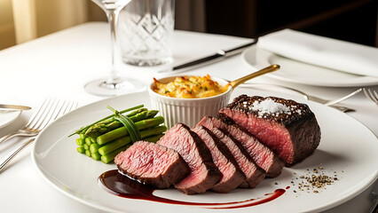 Sliced Filet Mignon with Asparagus and Macaroni.