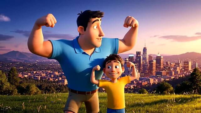 Animated Dad and Son Flexing Biceps in a Park with a Scenic City Skyline at Sunset, Celebrating Fatherhood and Healthy Lifestyle - Dad Appreciation Background
