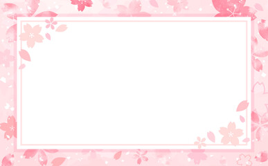 桜の手描き背景と四角和風フレーム_横