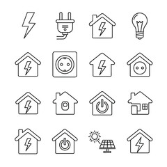 Fototapeta premium Home Electricity and Energy Icon Set. Line Art Vector Symbols for Smart House, Power Consumption, Solar Energy, and Electrical Safety.