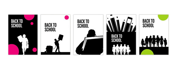 Set of five vertical back to school banners featuring black silhouettes of students and stationery with neon pink and green accents
