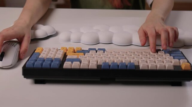 Keyboard setup showcase, Ergonomic mechanical keyboard display, Closeup of tactile switches on custom keyboard, Designer testing pastel keycaps with ergonomic wrist cushion setup