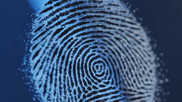 Close-up Macro View of a Blue Fingerprint Scan on a Dark Background with Detailed Ridges and Swirls Illuminated by Artificial Light