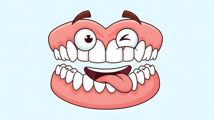 A funny cartoon character made of a set of dentures with goofy eyes and a tongue sticking out