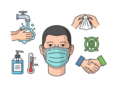 Man wearing face mask surrounded by hygiene and health icons.