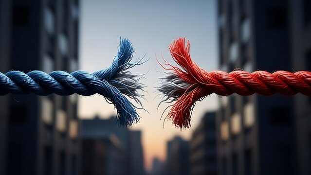 Symbolic Representation of a Divided Nation Red and Blue Ropes Tearing Apart Against a Cityscape Backdrop