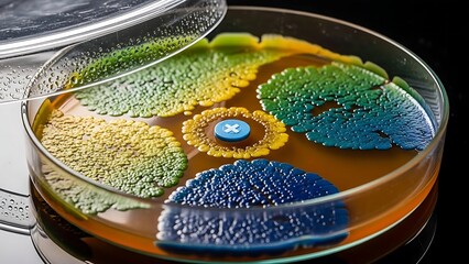 Colorful bacterial colonies growing in a petri dish displaying diverse growth patterns and vibrant colors