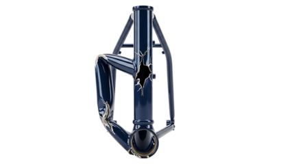 Cracked blue bicycle frame with shiny metallic finish isolated on a transparent background