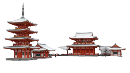 Japanese Temple Complex with Pagoda and Cherry Blossom Tree in Snow