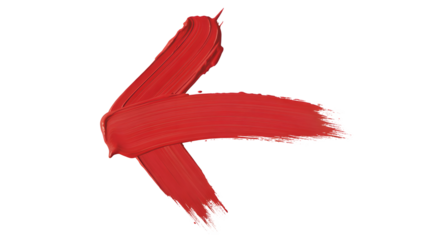 A bold red paint stroke creates an abstract shape on a black background with textured details