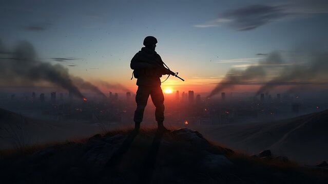 Lone soldier silhouetted against a dramatic sunset, overlooking a distant city with smoke plumes rising