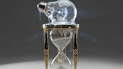 Melting light bulb atop an hourglass, symbolizing the passing of time and the concept of creative ideas fading away