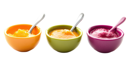 Premium baby food purees served in three bowls with spoons on transparent background
