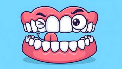 A humorous cartoon illustration of a set of pink dentures with a winking eye and a tongue sticking out against a light blue background