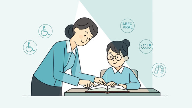A heartwarming illustration of a teacher guiding a visually impaired student through Braille reading, symbolizing inclusive education and accessible learning support - Powered by Adobe