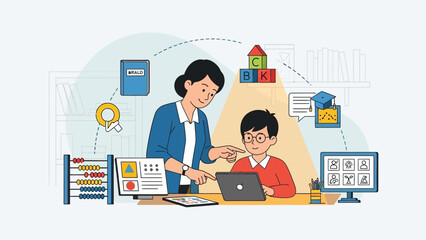 Concept illustration of personalized learning and mentorship, combining digital education with traditional tools for academic development