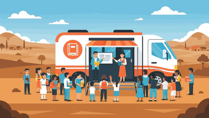 Community members gather around a mobile library truck in a rural setting, promoting education and reading access for all ages and fostering a love for learning