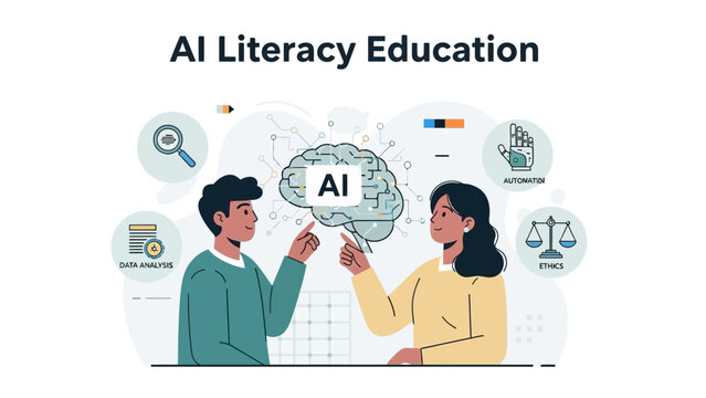 Conceptual vector illustration of two people learning and understanding artificial intelligence literacy in a modern digital education setting