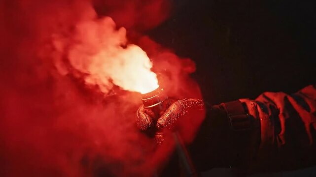 Close Up Of A Hand Holding A Bright Red Flare At Night Emitting Smoke And Sparks