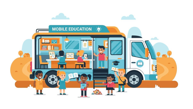 Engaging illustration of a modern mobile education bus offering diverse children access to contemporary learning tools and interactive lessons within their community - Powered by Adobe