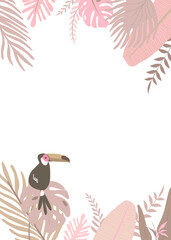 Obraz premium Pink botanical png frame with tropical leaves and toucan bird, transparent background