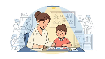 Illustration of a teacher guiding a young student through an educational activity with a bright light illuminating their workspace